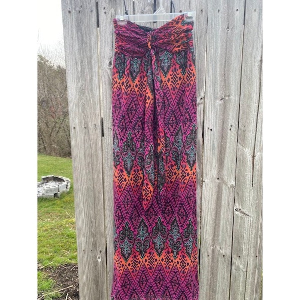 Xhilaration Womens Purple Orange Geometric Print Smocked Strapless Maxi Dress S